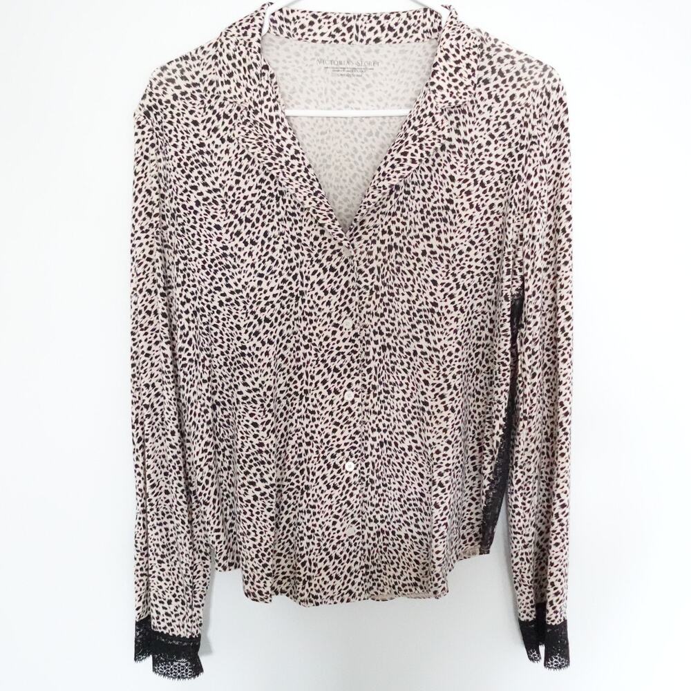 Victoria's Secret Leopard-Print Black Lace Pajama Button Down Long Sleeve Shirt